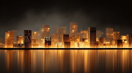 Fototapeta premium Illuminated Cityscape with Glowing Structures Reflecting in Calm Water at Night