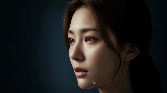 Young woman crying with a tear rolling down her cheek in dim lighting