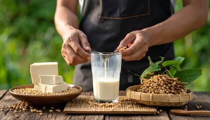 A person prepares a vegan drink using soy products, including beans, tofu, and fresh beverage in a glass, on a wood surface