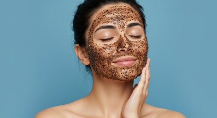 Young woman enjoying a natural coffee exfoliating face mask against a blue background