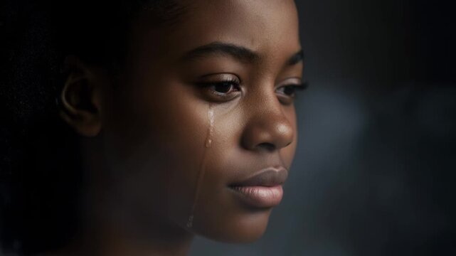Young Black woman crying with tears streaming down her face in dim