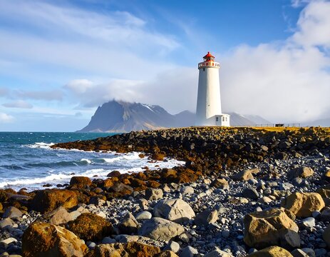A white lighthouse stands on a rocky coast, waves lapping the shore, mountains in the background under a partly cloudy sky