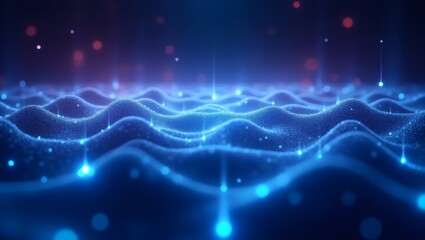 Fototapeta premium Abstract digital waves with glowing particles create a futuristic and dynamic scene. The blue light effects add a sense of technology and data flow