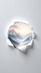 Mountain vista through a ripped paper hole