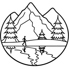 illustration, nature, outdoors, vector, water, forest, lake, landscape, mountain, travel, graphic, vignetting, tree, image, art, cartoon, design, outline, hill, river, draw, peaceful, silhouette, simp