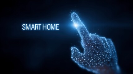 Glowing wireframe hand activating smart home system image with digital overlay. Holographic connections photography conceptual. Futuristic touch technology concept photo realistic
