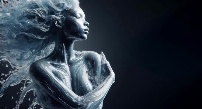 Woman made of water. A concept highlighting the importance of water for the human body. Hair formed from water against a blue background.