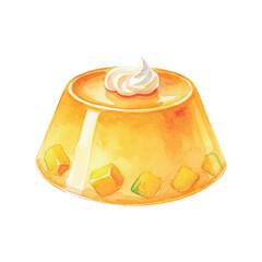 Watercolor Vector Mango Pudding Dessert Illustration with Cream Topping Isolated on White Background