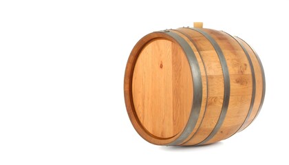 Wooden barrel with metal hoops isolated on white, slightly tilted, natural light