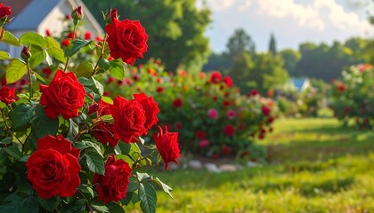 Lush red roses in a garden setting