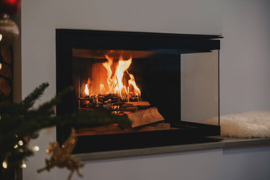Burning Firewood in Modern Glass Fireplace for Cozy Winter Ambiance
