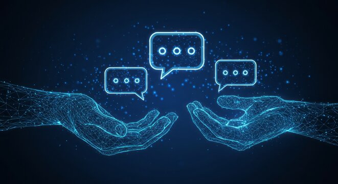 Chat bubbles above low-poly hands on technology blue background — web banner / presentation BG — wireframe style — digital vector illustration