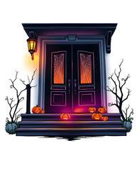 modern house front door decorated for Halloween, with elegant black double doors, glowing jack-o’-lanterns lined on the steps