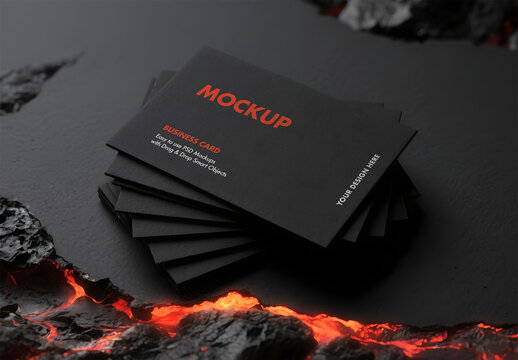 Dramatic Fanned Business Card Mockup in Lava Crevice