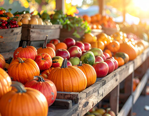 Autumn harvest of ripe pumpkins and fresh apples displayed at a market stall with warm sunlight