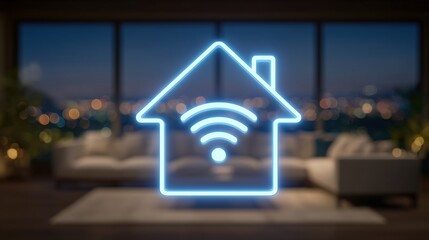 Smart home wi-fi icon in luxury living room interior image with digital overlay. Wifi house connectivity technology photography conceptual. Iot innovation concept photo realistic