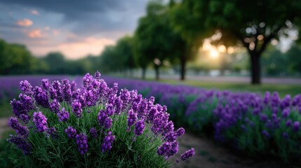 Lavender Field at Sunset with Trees in Background and Warm Light