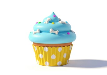 Blue frosted cupcake with bone and sprinkle decorations in yellow polka dot wrapper frosting