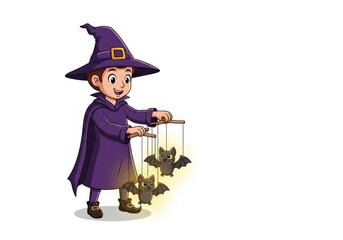Cartoon boy in purple witch costume holding bat puppets with glowing eyes child halloween