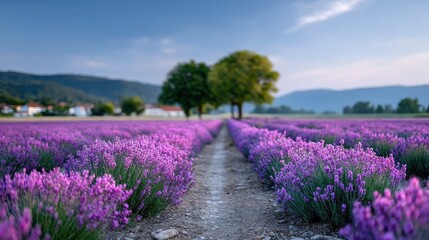 Lavender Field Rows Cinematic Nature Landscape with Clear Sky and Distant Trees in Soft Focus Background HDR