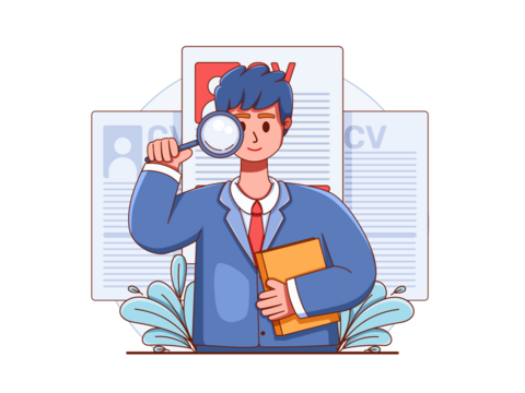 Man Reviewing Resumes with Magnifying Glass - Powered by Adobe
