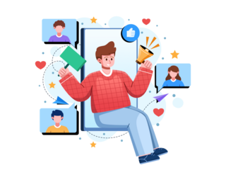 Man Celebrating Online Success with Phone and Icons