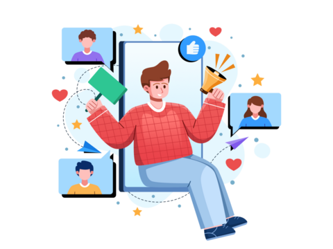 Man Celebrating Online Success with Phone and Icons