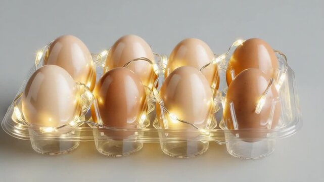 Creative still life: Eggs in carton wrapped with glowing lights for festive design,  easter eggs