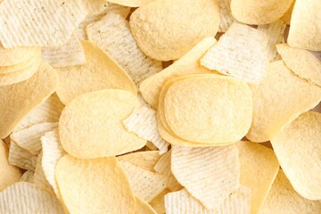 Homemade Flavored Paprika Potato Chips in a Bowl, top view. Flat lay