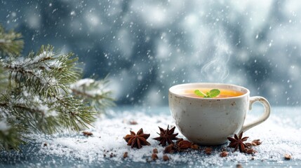 Hot tea in a cozy cup with spices during snowy winter scene  