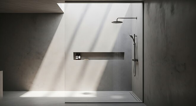 Sunlit minimalist walk-in shower with concrete walls and black rain shower head