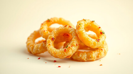 Golden Crispy Onion Rings with Red Chili Garnish, Savory Deep Fried Snack in White Bowl on Pastel Background
