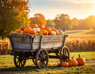 A rustic wooden cart overflowing with a colorful bounty of autumn pumpkins and gourds, nestled in a golden field under a warm, sunlit sky, embodying the rich essence of harvest season