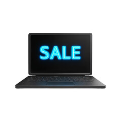 Black laptop with glowing blue sale screen. Isolated white background. Png format