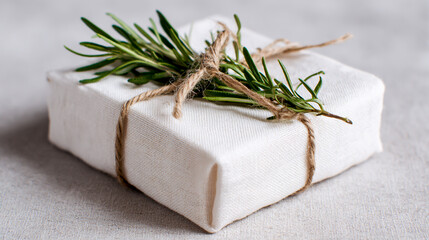 An elegant and minimalist white linen-wrapped gift box, tied with natural twine
