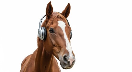 Obraz premium horse wearing headphones, listening to music, on a solid white background