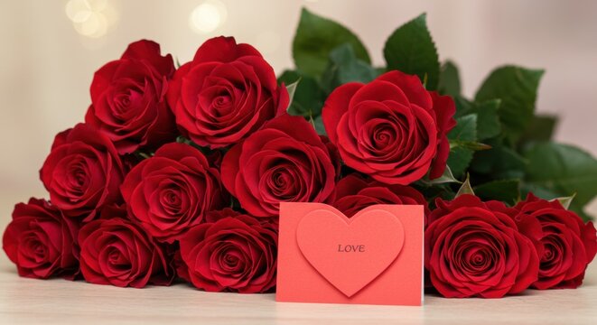 Romantic gesture with red roses and love card indoor setting floral arrangement heartfelt emotions