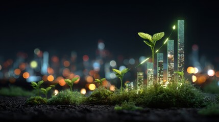 Growth and Development of Plants in Urban Environment with Bright Economic Charts and Night City Skyline