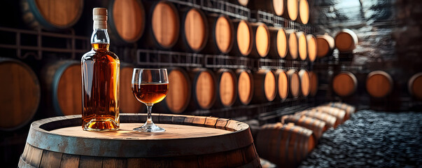 Whiskey bottle and filled glass on rustic barrel, cellar background lined with oak aging casks, warm golden glow highlighting tradition, craftsmanship, and premium spirit refinement.