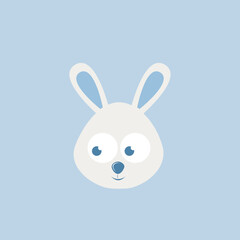 Fototapeta premium Cute cartoon bunny face with big eyes on a soft blue background, simple and charming illustration