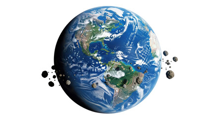 Isolated planet Earth with asteroids approaching, threatening extinction and destruction