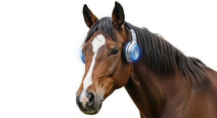 Fototapeta premium horse wearing headphones, listening to music, on a solid white background