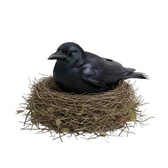 Obraz premium A black crow sitting alone in a bird's nest, isolated on a white background.