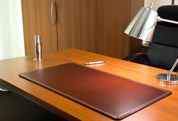 Wooden Desk with Notebook and Lamp