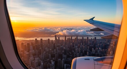 Sunrise over a City from an Airplane Window
