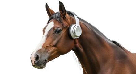 horse wearing headphones, listening to music, on a solid white background