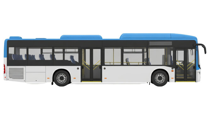 Isolated side view of a modern city bus with blue roof, seen from the side angle