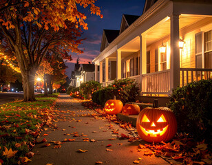 Glowing jack-o'-lanterns on a sidewalk in a quiet suburban neighborhood during a festive Halloween evening in autumn