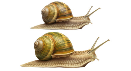 Isolated snails, beautiful garden creatures, garden wildlife, two side view specimens