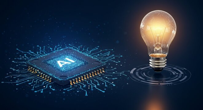 AI processor with glowing light bulb on technology blue background — innovation and ideas — presentation BG / web banner — low poly wireframe — digital vector illustration